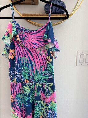 Lilly Pulitzer Navy Pink Green Tropical Off-Shoulder Romper